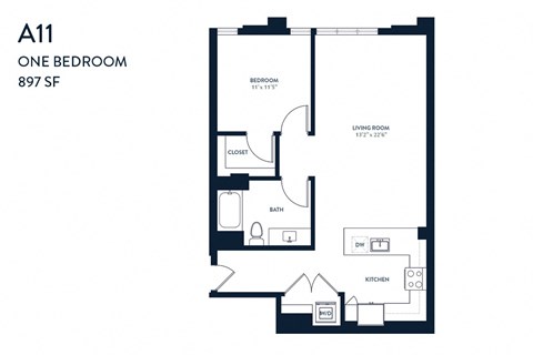 A11 is a one bedroom apartment sized 897 square feet.